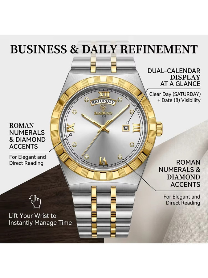 BINBOND Armbanduhr, Quarz, Edelstahl, Bicolor, Gold, Herren - Bild 6