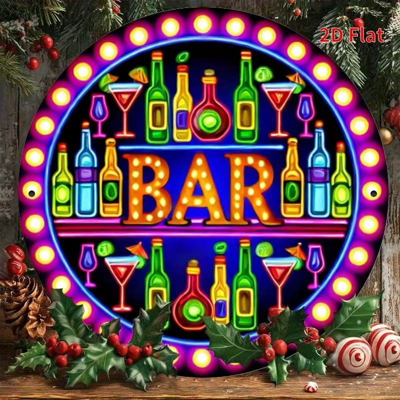 Potdemiel Retro-Bar-Neonschild Wanddekoration aus Metall in Multicolor, rundes Metallschild mit Grafik-Design und vorgebohrten Löchern zum Aufhängen - Bild 5