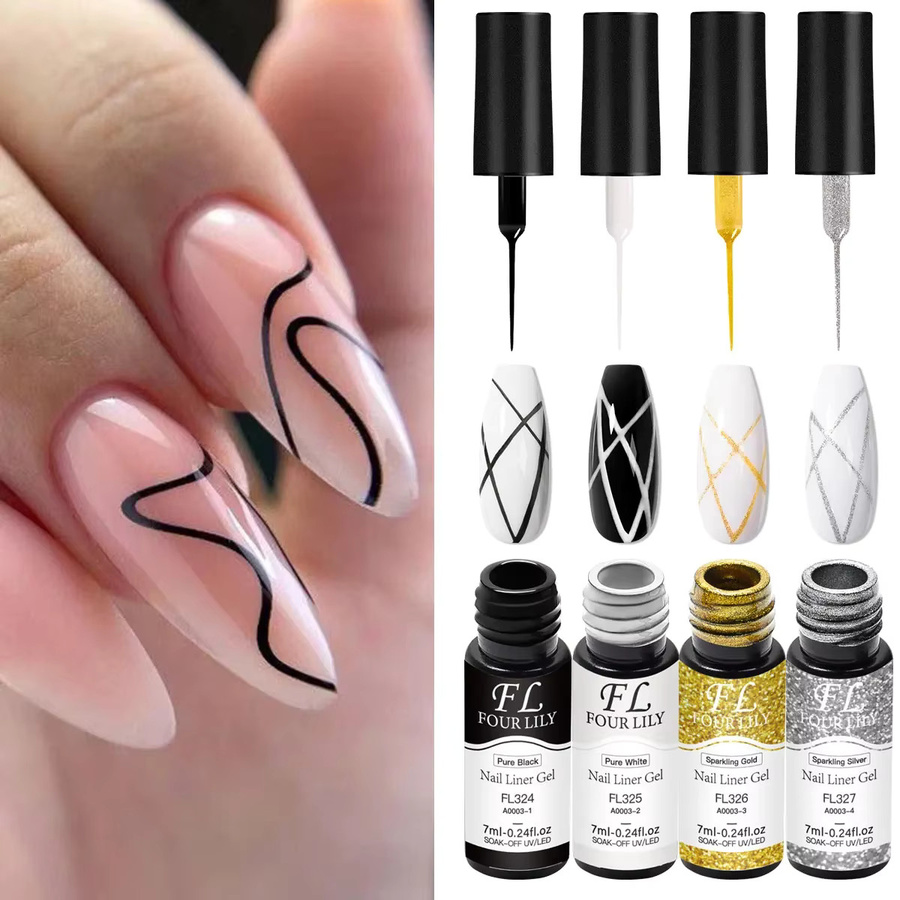 Four Lily Nagel Liner Gel Kit, Schwarz Weiß Gold Silber, DIY Nagel Design - Bild 2
