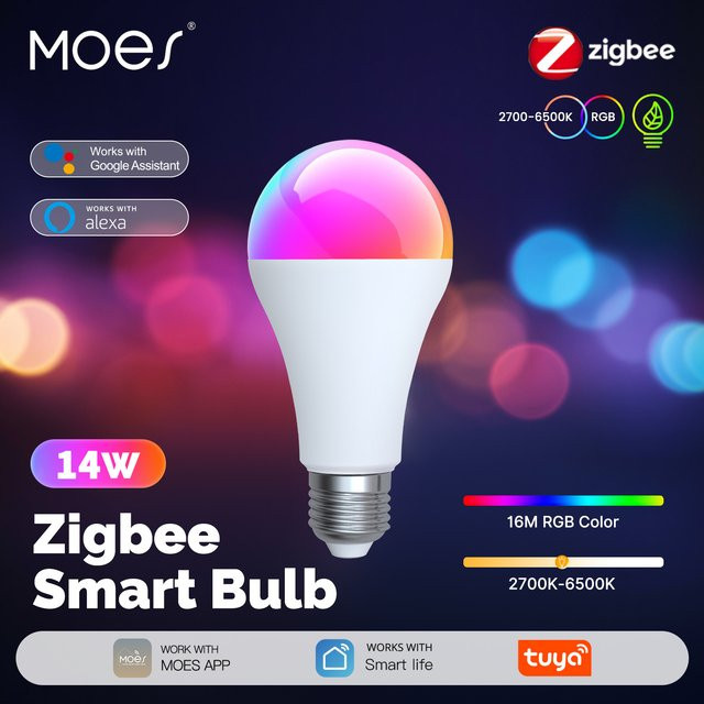 MOES Tuya Zigbee Smart LED-Glühbirne, RGBW, dimmbar, E27, 14 W, Multicolour, kompatibel mit Alexa und Google Home - Bild 1