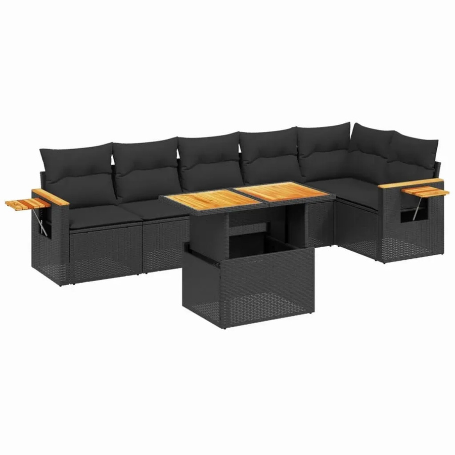 vidaXL 7-teilige Garten-Sofagarnitur in L-Form aus schwarzem Poly-Rattan mit Kissen und Akazienholz - Bild 2