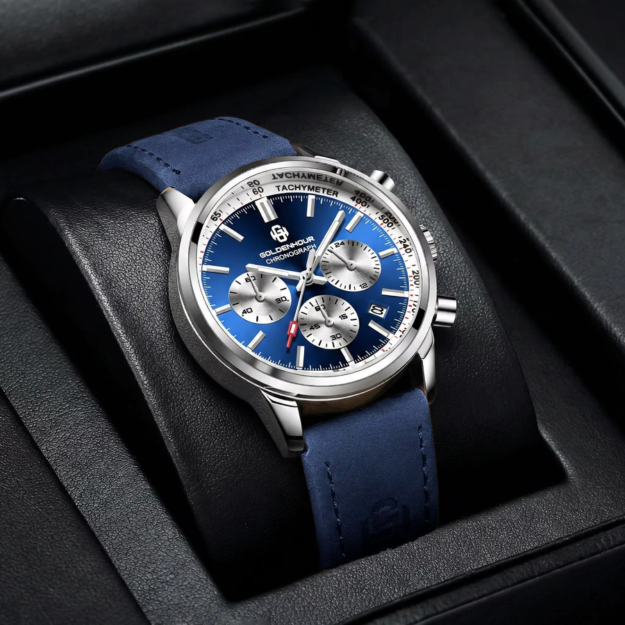 GOLDENHOUR Chronograph, Quarz, Goldgehäuse, blaues Zifferblatt, Lederarmband, Herren - Bild 2