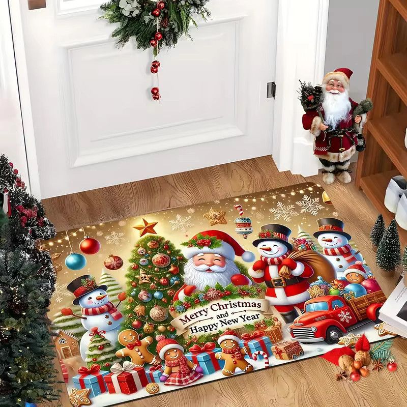 VIKAMA Weihnachts-Bodenmatte aus Flanell mit Weihnachtsmann, Schneemann und Rentier-Design in Multicolor, maschinenwaschbarer Druckteppich für Wohnzimmer, Flur oder Badezimmer - Bild 2