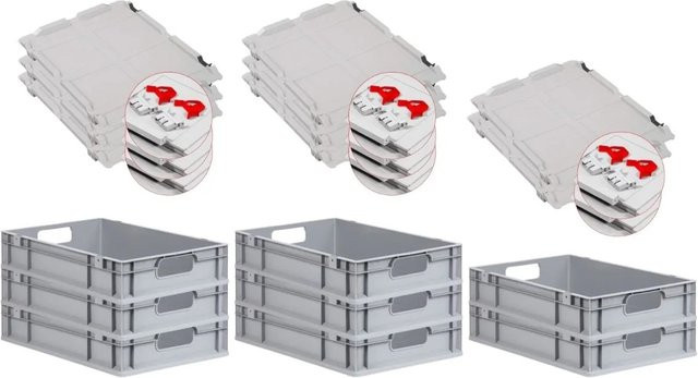 PROREGAL Spar Set 8x Eurobox Nextgen Economy mit Scharnierdeckel und roten Schiebeschnappverschlüssen, Farbe: Rot/Grau, H x B x T: 12 x 40 x 60 cm, 23 Liter - Bild 1