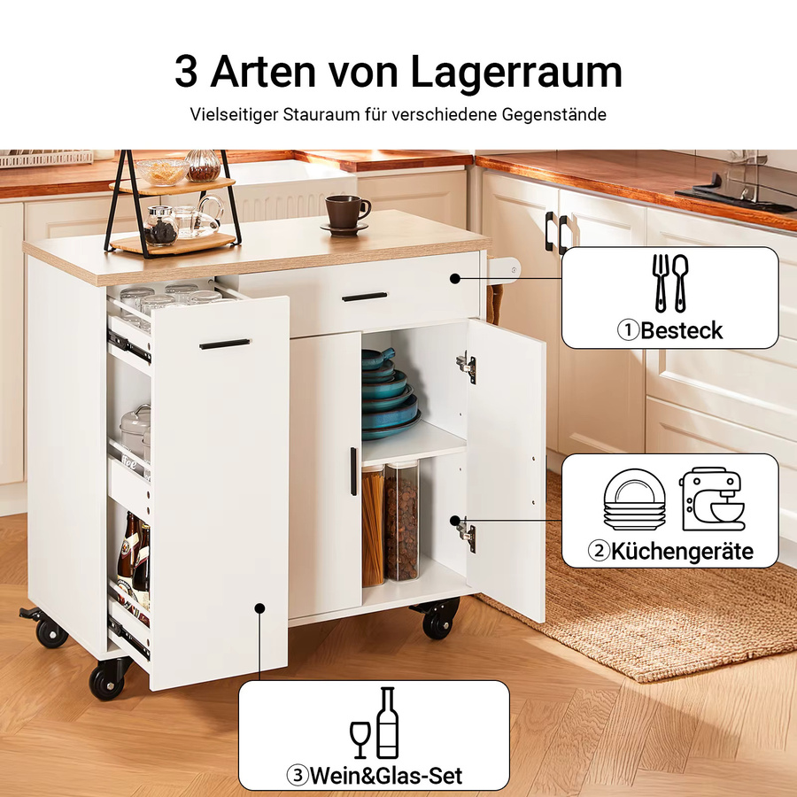 SoBuy Küchenwagen FKW126-WN Design Kücheninsel mit Arbeitsplatte und Gewürzregal in Weiß, B/T/H: 105 x 92 x 46 cm - Bild 3