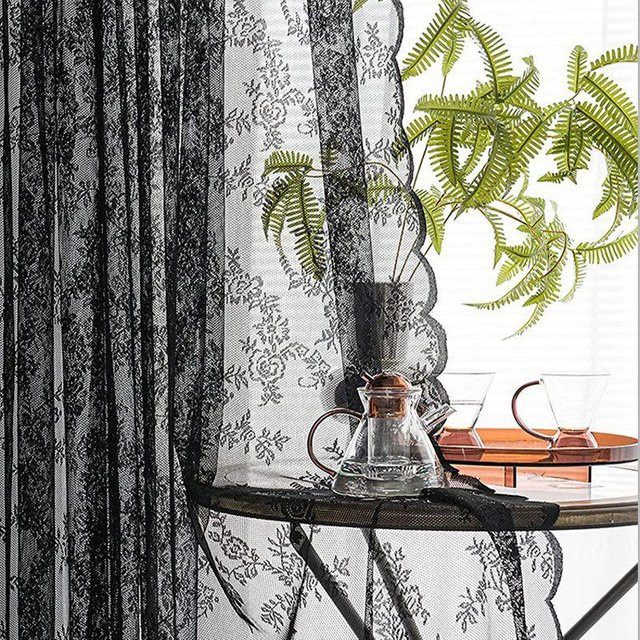 Fanda Transparenter Spitzenvorhang mit Blumenmuster für Fenster und Wohnzimmer, Schwarz, B: 100 cm, H: 200 cm - Bild 1