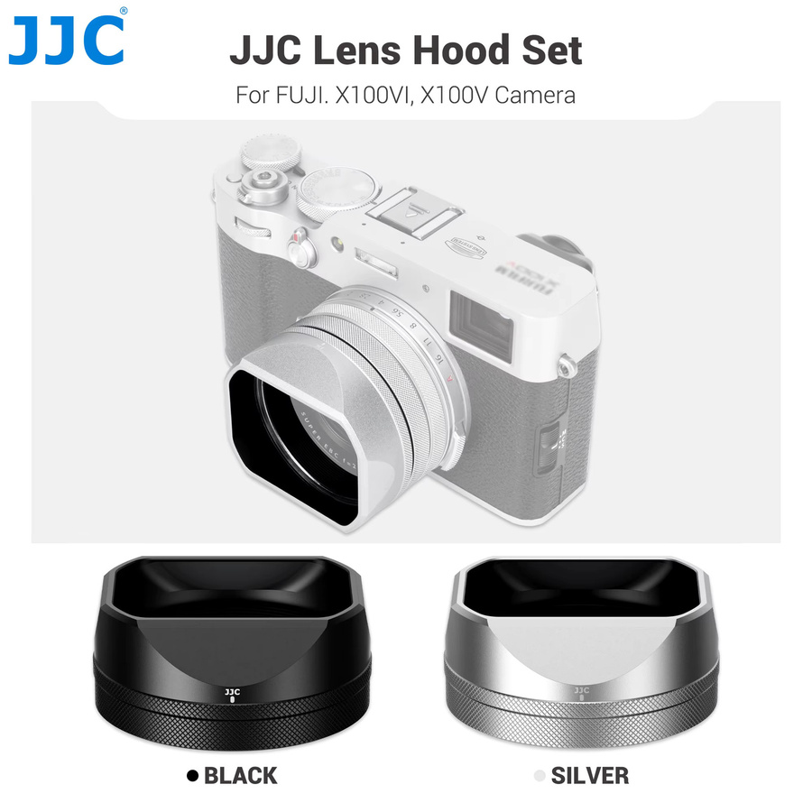 JJC Metall-Quadrat-Gegenlichtblende mit Adapterring und Objektivkappe für Fujifilm X100VI und X100V in Silber - Bild 2