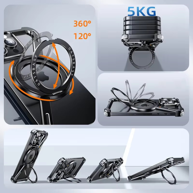 Magnetische Luxus Handyhülle aus Titanlegierung für iPhone 13 14 15 Pro Max Plus in Schwarz mit 360 Grad Halterung und stoßfestem Randlos-Design - Bild 6