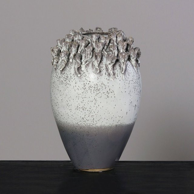Keramikvase in Grau und Weiß mit abstraktem Design und runder Form, Höhe: 46,0 cm - Bild 1