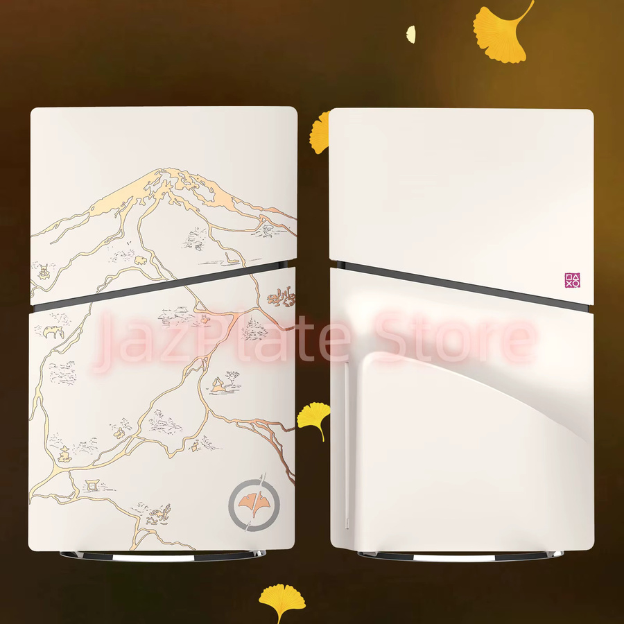 JazPlate Yotei Shell Ghost Frontplatte Ersatz für PlayStation 5, PS5 Pro und PS5 Slim Disc in Weiß mit Gold Logo Aufkleber - Bild 2