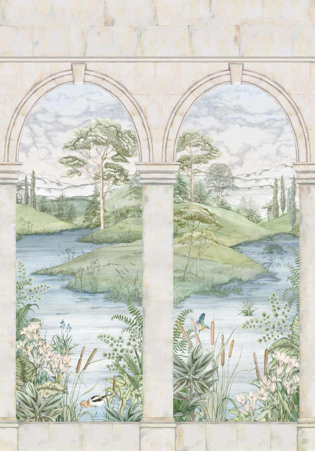 Osborne & Little Wandbild Colonnato Vlies in Stone mit Landschaftsmotiv und Säulen in Grün, Blau und Creme - Bild 1