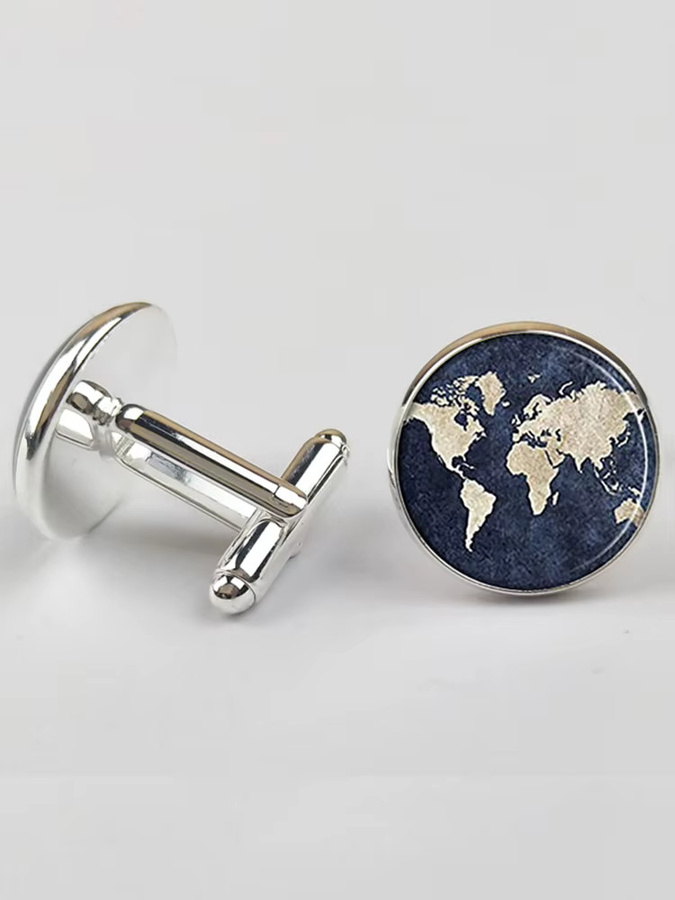 konminry Manschettenknöpfe Weltkarte, Silber, Metall, Unisex - Bild 4