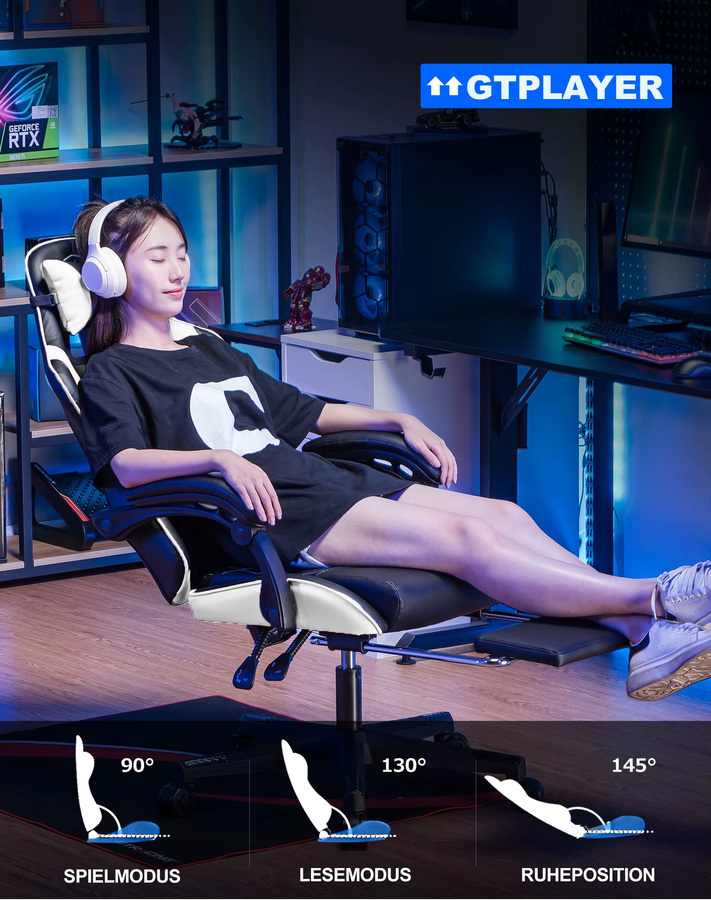GTPLAYER Gaming Stuhl in Schwarz-Weiß, ergonomischer Gamer Stuhl aus Kunstleder mit Fußstütze, Kopfkissen und verstellbarer Lendenstütze - Bild 5