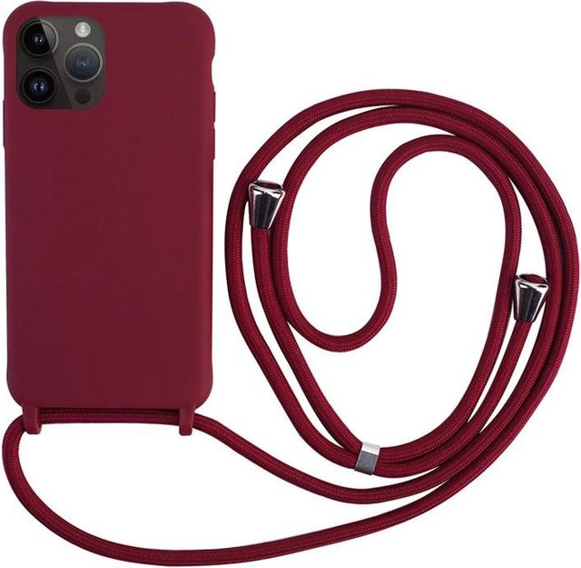 Rui Di Silikon Handyhülle mit Lanyard-Kordel für iPhone 15 14 13 12 11 Pro Max Plus XS XR X 8 7 in Weinrot - Bild 1