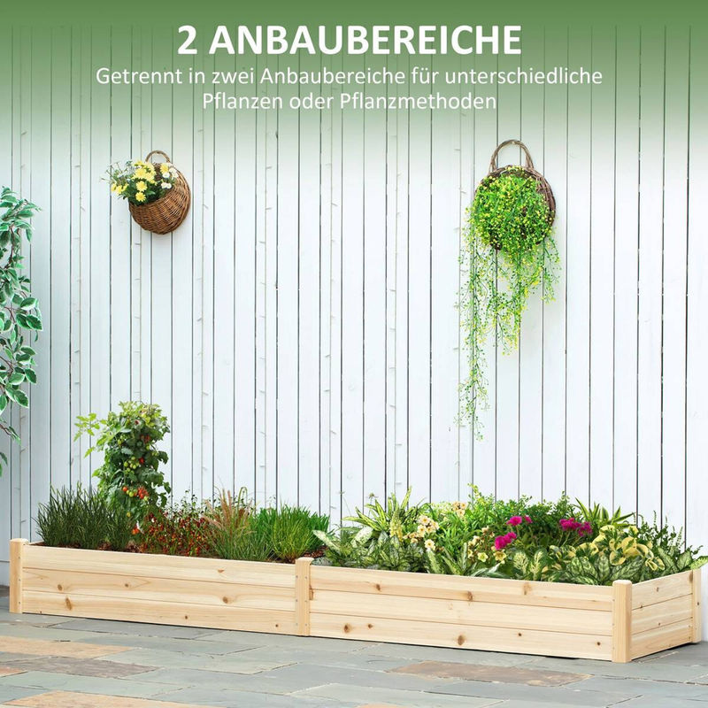 Outsunny Hochbeet aus Holz mit 2 Pflanzbereichen in Natur, wetterbeständig mit Vlies-Innenverkleidung, B/T/H: 244 x 61,5 x 27 cm - Bild 5
