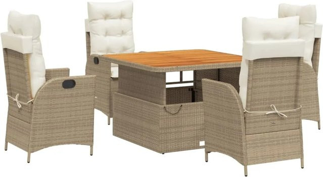 vidaXL 5-teilige Garten-Essgruppe aus Poly-Rattan und massivem Akazienholz in Beige mit Kissen - Bild 1