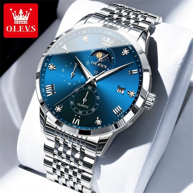 OLEVS Armbanduhr, Quarz, Chronograph, Edelstahl, Blau, Herren - Bild 1