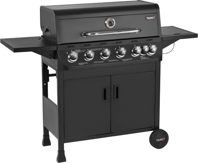 TAINO BRANDO Gasgrill in Schwarz mit 6 Brennern und 1 Seitenkocher inklusive Grillwagen, Thermometer und Warmhalterist - Bild 1