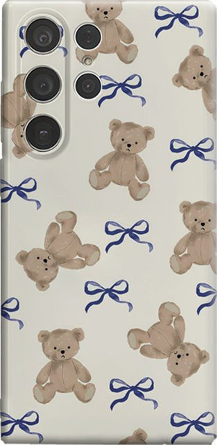 Stoßfeste Tan Bear & Blue Bow Handyhülle für Samsung Galaxy S25 Ultra, S24 und S23 Ultra Plus in Beige und Blau mit doppellagiger Rückseite - Bild 1