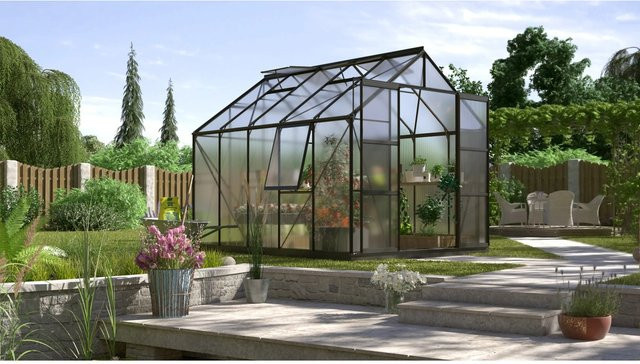 Vitavia Gewächshaus Jupiter 8300 HKP mit Vorzugsset in Schwarz aus Aluminium und Polycarbonat mit Doppelschiebetür, 4 Dachfenstern, 1 Seitenfenster und Regenrinnen - Bild 1