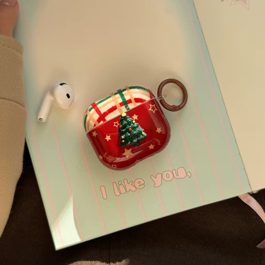 Apple AirPods Schutzhülle mit Weihnachtsbaum-Gittermuster und Sternen in Rot/Mehrfarbig inklusive Lanyard für AirPods 1, 2, 3, 4 und Pro 2 - Bild 5