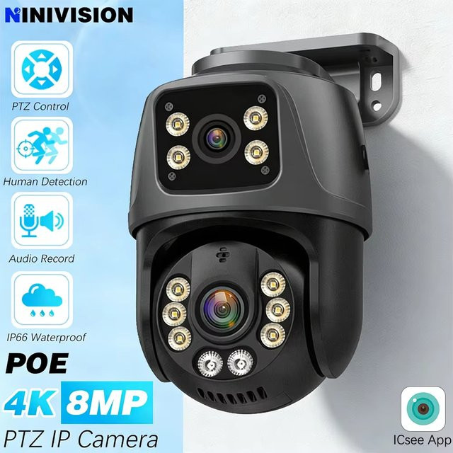 NINIVISION ICsee 8 MP Dual Lens Dome PTZ Kamera mit WLAN und PoE, 360 Grad Überwachung, IP Netzwerk Sicherheitsoberwachung für Home und Outdoor mit eingebautem Mikrofon - Bild 1