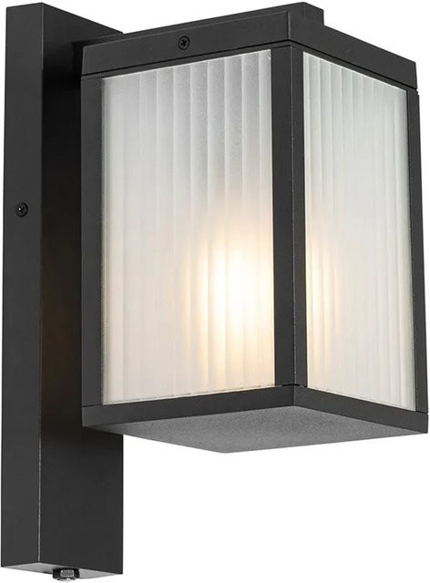 QAZQA Außenwandlaterne Charlois in Schwarz aus Aluminium mit geriffeltem Glas, Dämmerungssensor und E27 Fassung, IP44 Schutzklasse für Garten und Außenbereich, B/T/H: 21,5 x 14,0 x 33,5 cm - Bild 1