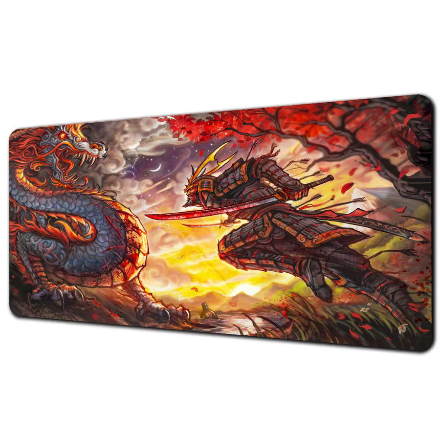 Mairuige Gaming Mauspad mit Flame Dragon und Samurai Battle Design in Schwarz und Multicolour, rutschfeste Schreibtischunterlage mit genähten Kanten - Bild 6