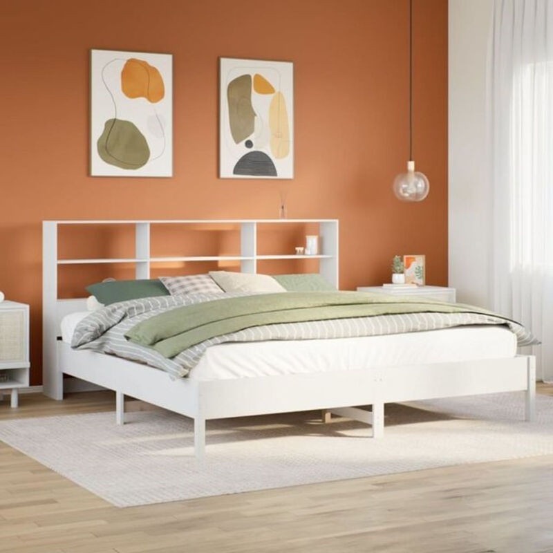 Massivholzbett Vidaxl aus Kiefer mit Regal in Weiß, B/T/H: 180 x 200 x 110 cm - Bild 1
