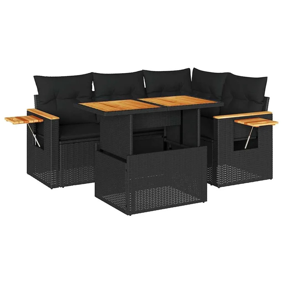 vidaXL 5-teilige Garten-Sofagarnitur in L-Form mit Tisch und Kissen, Schwarz, Poly-Rattan und Akazienholz - Bild 2