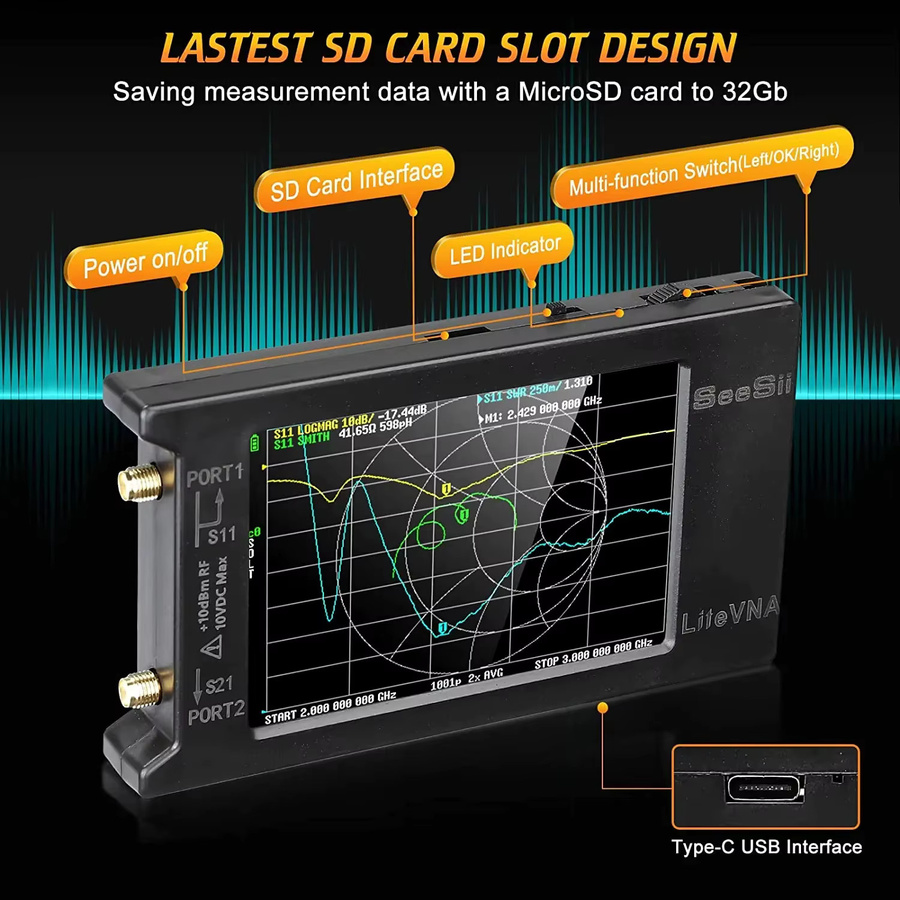 SeeSii Nanovna Vektor-Netzwerkanalysator 50kHz-6,3 GHz in Schwarz zur Messung von S-Parametern, HF, VHF, UHF, SWR, Phasenverzögerung und Smith Chart - Bild 5