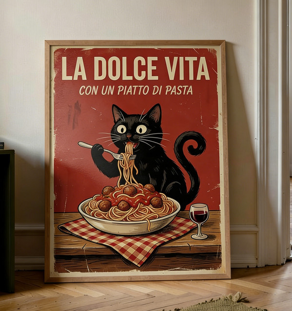 Retro Poster La Dolce Vita Schwarze Katze mit Pasta Wandbild aus Papier in Schwarz und Multicolour - Bild 1