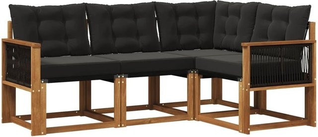 vidaXL Outdoor-Sofagarnitur L-Form aus massivem Akazienholz mit Textilene und Kissen in Natur und Schwarz - Bild 1