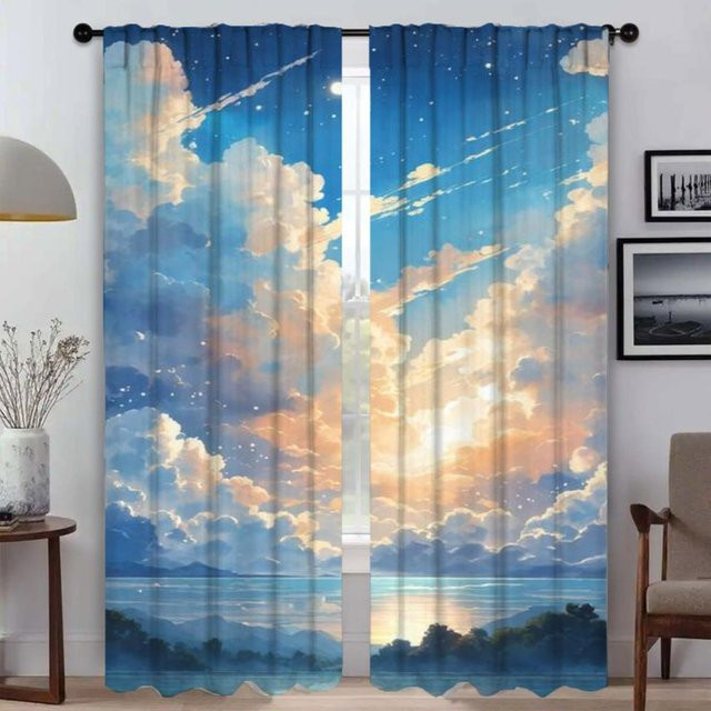 MH Vorhänge Himmel und Ozean in Blau, 2er-Set semi-transparente Tüll-Vorhänge für Wohnzimmer und Schlafzimmer, B: 50 cm, H: 70 cm - Bild 1