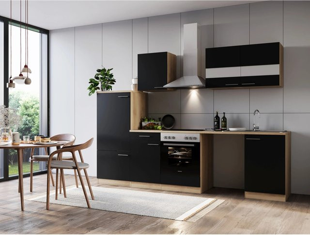 Respekta Küchenblock Merle modern in Eiche Sägerau Nachbildung und Schwarz mit Waschmaschinen-Nische, B/H/T: 280 x 82 x 60 cm - Bild 1