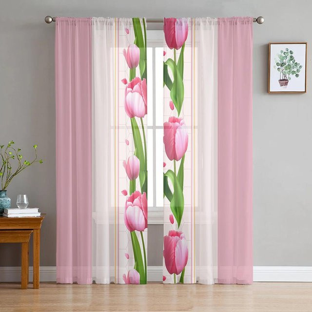 2er-Set transparente Voile-Vorhänge mit Tulpen-Blumendruck in Rosa und Lila, Breite: 50 cm, Höhe: 50 cm pro Vorhang - Bild 1