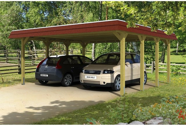 Skan Holz Doppelcarport Spreewald Walmdach aus Nadelholz mit Aluminium-Dachplatten in Rot, B/T: 585 x 589 cm - Bild 1
