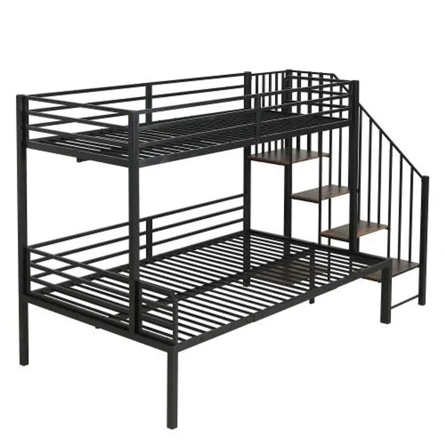 KOMHTOM Etagenbett mit Eckschrank und Treppe aus Eisen und MDF, Schwarz und Vintage-Holzoptik, B/T/H: 210 x 120 x 160 cm - Bild 2