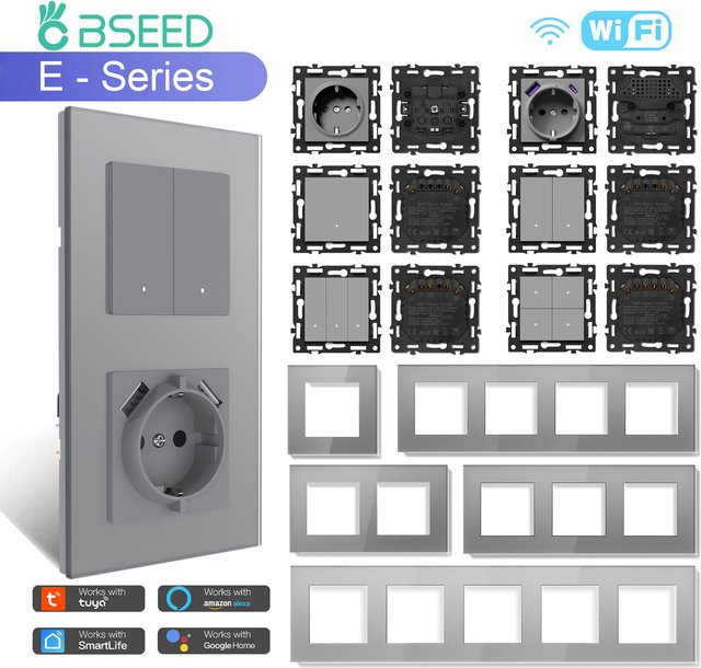 BSEED E-Serie Smart Home WIFI Klick Schalter Module mit Glas Rahmen in Grau für DIY Kombinationen aus Lichtschalter, Steckdose und USB Ladefunktion - Bild 1