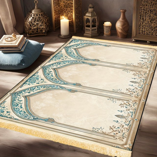 VIKAMA Islamischer Gebetsteppich in Beige, rutschfeste und faltbare Gebetsmatte im orientalischen Design - Bild 1