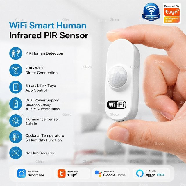 Tuya WiFi Smart PIR-Bewegungssensor mit Lichtdetektor, Temperatur- und Feuchtigkeitserkennung in Weiß für Smart Life Sicherheitsautomatisierung - Bild 1