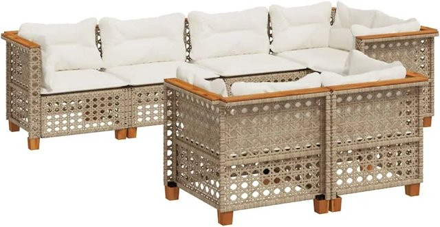 vidaXL 7-teilige Garten-Sofagarnitur in L-Form aus Poly-Rattan und Akazienholz mit Kissen in Beige und Cremeweiß - Bild 1
