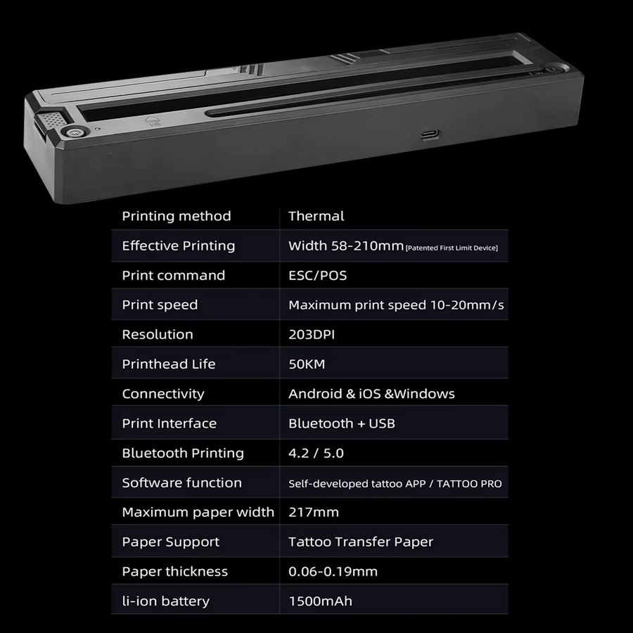 YUELONG Drahtloser Bluetooth Tattoo-Drucker, tragbare Thermotransfermaschine für Schablonen inklusive 10 Transferpapier in Schwarz - Bild 4