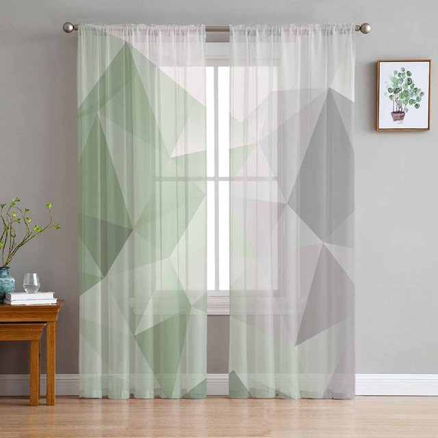 Transparente Tüll-Voile-Vorhänge von Household supplies MH mit abstraktem Farbverlauf in Salbeigrün und Grau sowie Dreieck-Design, 2er-Set, Breite: 135 cm, Höhe: 245 cm - Bild 1