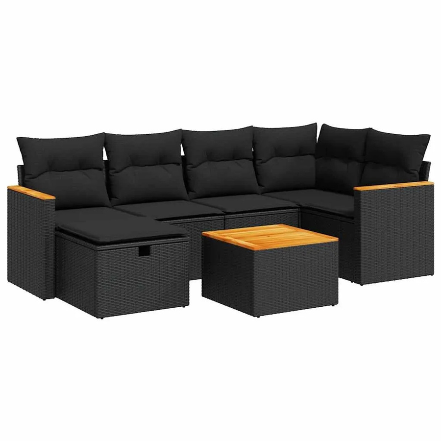 vidaXL 7-tlg. Garten-Sofagarnitur aus Polyrattan in L-Form mit Kissen, Schwarz - Bild 2