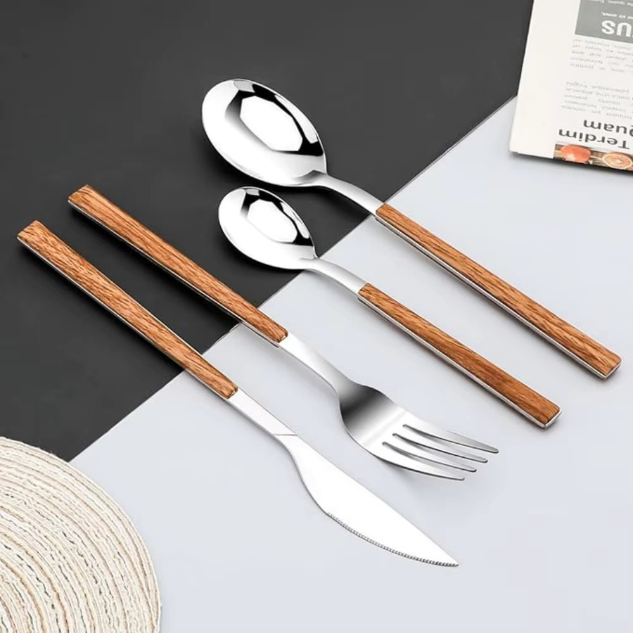 MYVIT Besteckset aus Edelstahl mit Holzoptik in Silber und Braun, bestehend aus Messern, Löffeln und Gabeln, 24-teilig - Bild 2