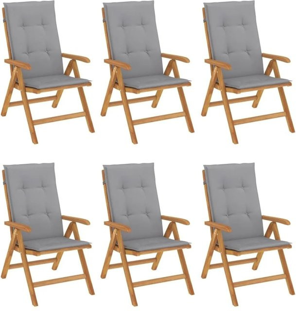 vidaXL Gartenstuhl-Set aus Teakholz mit grauen Kissen, 6 Stück - Bild 1