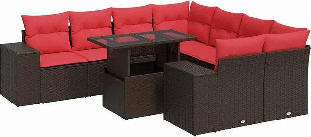 vidaXL 9-teilige Garten-Sofagarnitur aus braunem Poly-Rattan mit Kissen und Akazie-Elementen - Bild 1