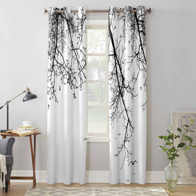 Binchi Outdoor Equipment Vorhang mit Naturmotiv Zweige und Vögel, halbtransparent, Weiß, B: 135 cm, H: 60 cm - Bild 1