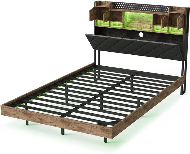 PXloue Doppelbett mit Lattenrost aus Kunstleder in Schwarz mit LED-Beleuchtung, USB-Ladeport und Aufbewahrung, B/T/H: 140 x 200 x 143 cm - Bild 1